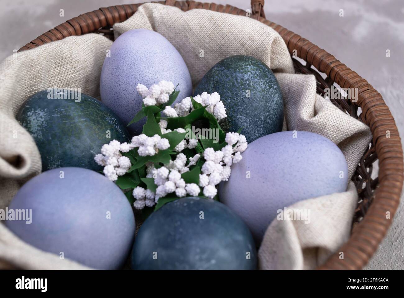 Easter eggs in a basket with artificial flowers are painted with natural dyes. Hibiscus tea and red cabbage Stock Photo