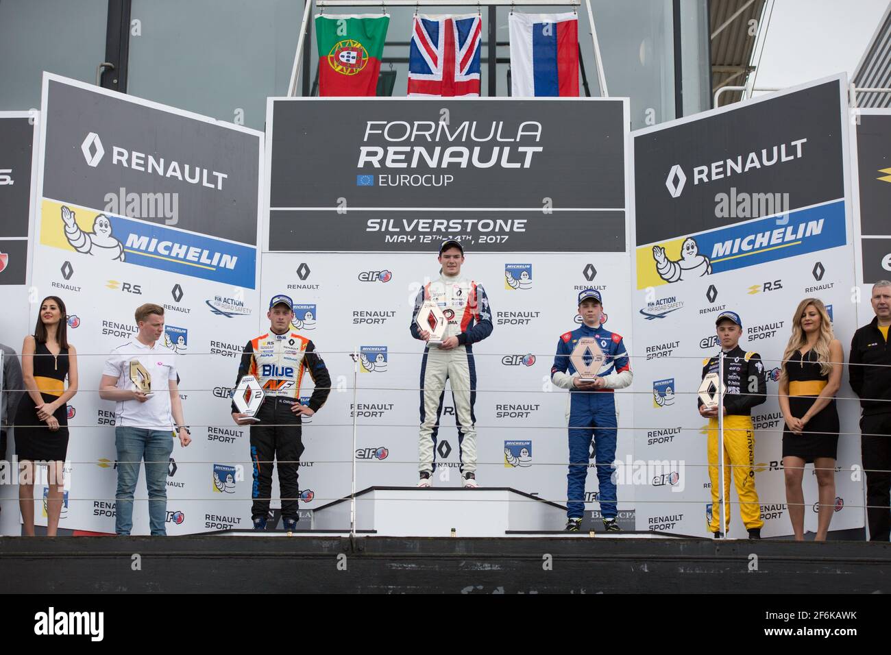 Podium Race 1 CHAVES Henrique (for) Renault FR 2.0L team AVF by Adrian Valles PALMER Will (gbr) Renault FR 2.0L team R-ace gp SHWARTZMAN Robert (rus) Renault FR 2.0L team R-ace gp FEWTRELL Max (gbr) Renault FR 2.0L team Tech 1 racing ambiance portrait during Renault sport series 2017, Eurocup Formula Renault 2.0, at Silverstone, Great Britain, from may 12 to 14 - Photo Antonin Vincent / DPPI Stock Photo