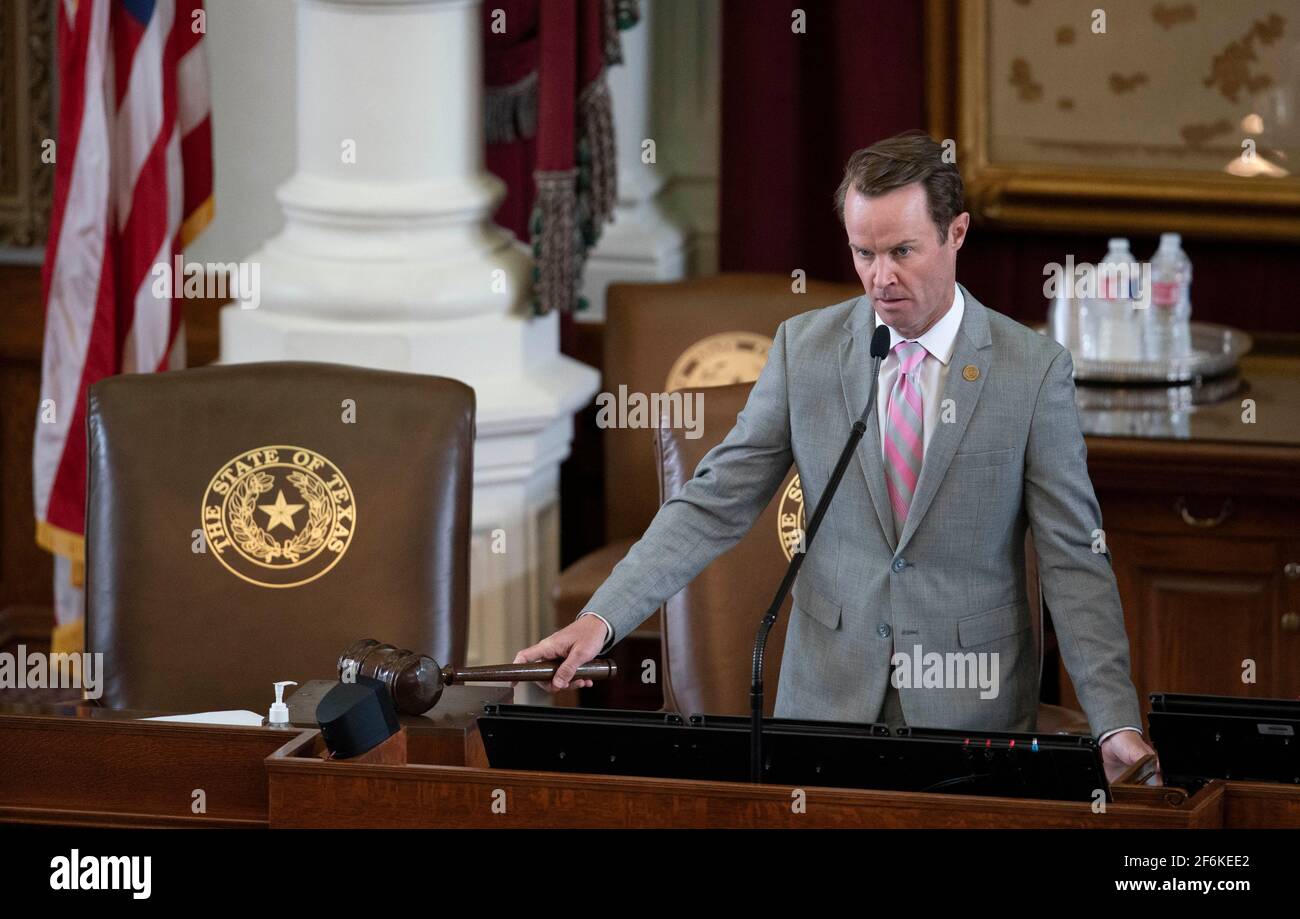 Austin, TX USA March 31, 2021: House Speaker Dade Phelan, R-Beaumont, on the dais of the Texas House of Representatives during routine bill readings at the 87th Texas legislative session. ©Bob Daemmrich Stock Photo