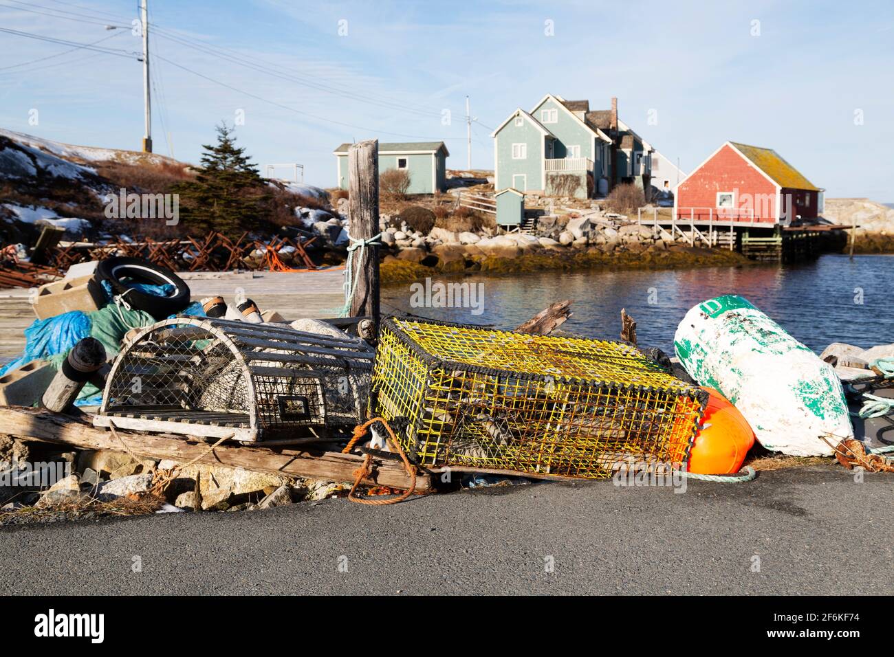 Lobster traps and buoys in Peggys Cove in Nova Scotia, Canada. The
