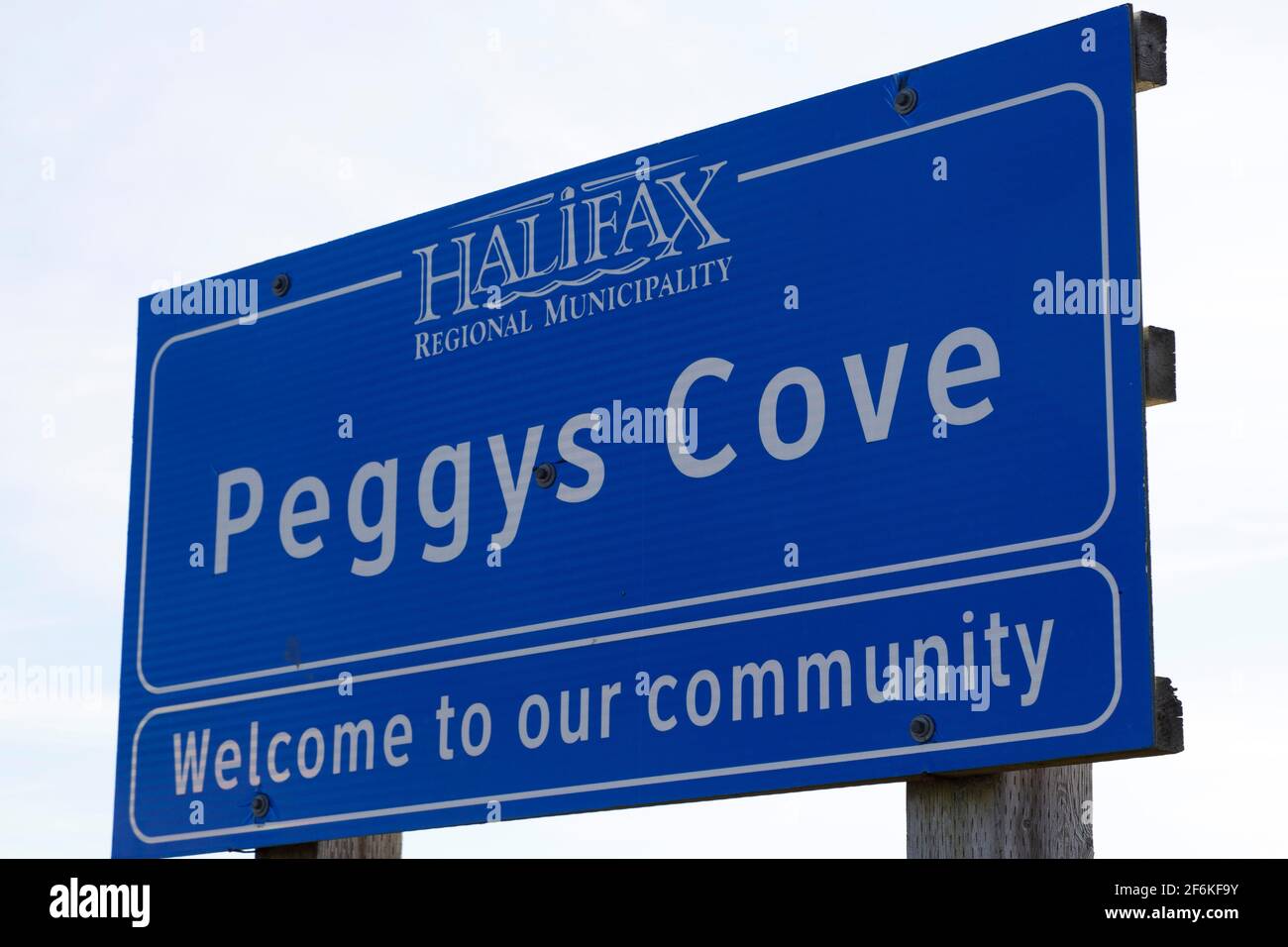 Sign for Peggys Cove in Nova Scotia, Canada. The fishing village is a popular tourist attraction and lies on Nova Scotia's Lighthouse Route. Stock Photo