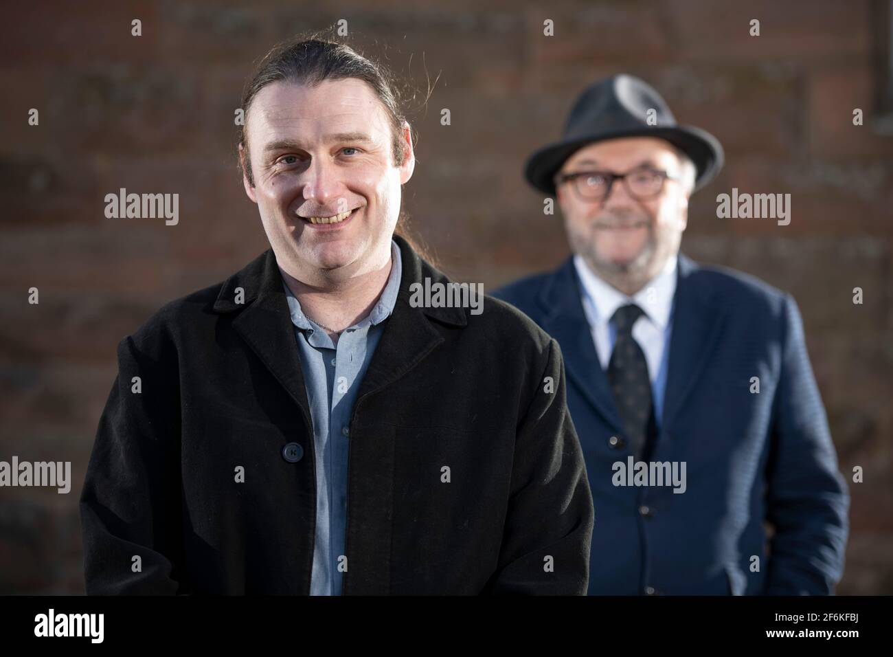 Scone, Perth, Scotland, UK. 1st Apr, 2021. PICTURED: (L-R) James Glen - Candidate, George Galloway - Leader of All For Unity Party. Exclusive images of George Galloway, Leader of the Alliance For Unity Party. George Galloway is a British Politician, Broadcaster and writer. He currently presents the Mother of all Talk Shows on Radio Sputnik and Sputnik on RT UK. He is photographed for his official Party portrait for the 6th May Scottish Parliament Holyrood Elections. Pic Credit: Colin Fisher/Alamy Live News Stock Photo