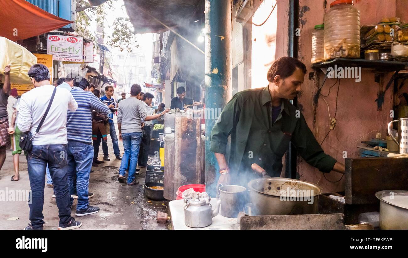 Kolkata, West Bengal, India January 2018 An Indian man making tea at