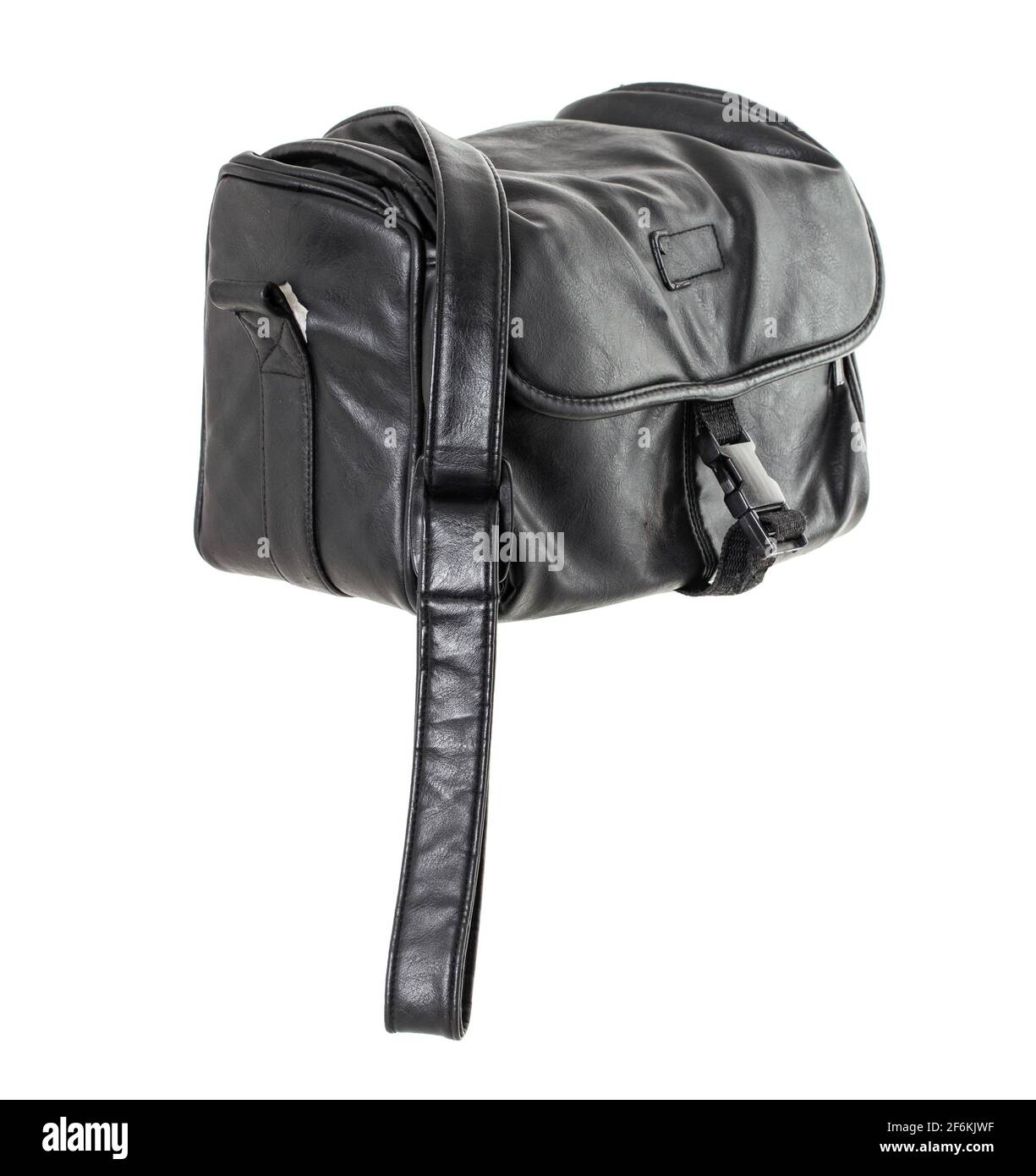 Old black leather bag. Isolated on a white background Stock Photo - Alamy