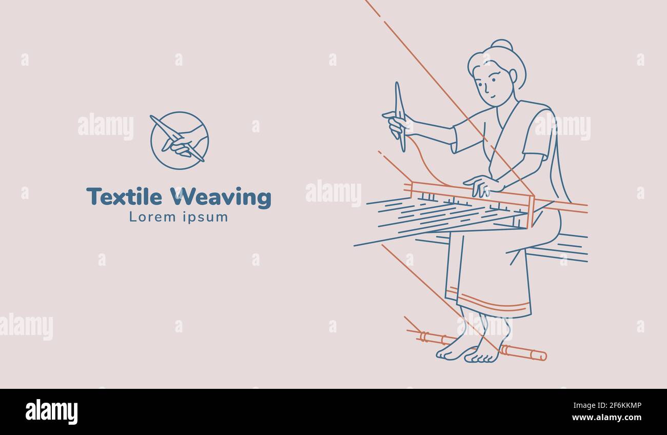 Woman working on weaving hand woven illustration. Line art vector. Stock Vector