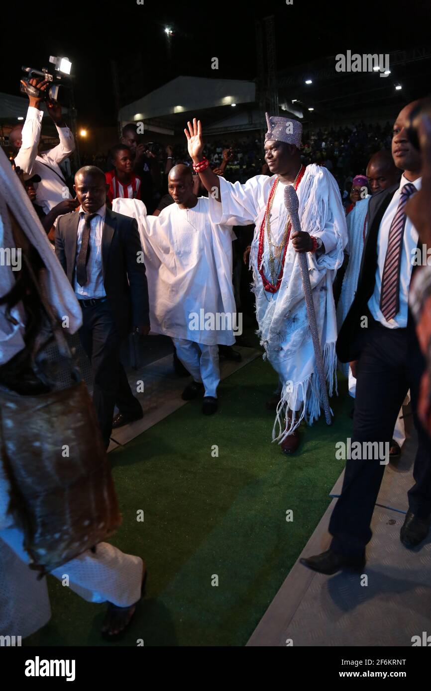 The arrival of Ooni of Ife, Oba Adeyeye Enitan Ogunwusi, Ojaja II to the African Drum Festival, Abeokuta, Ogun State, Southwest, Nigeria. Stock Photo