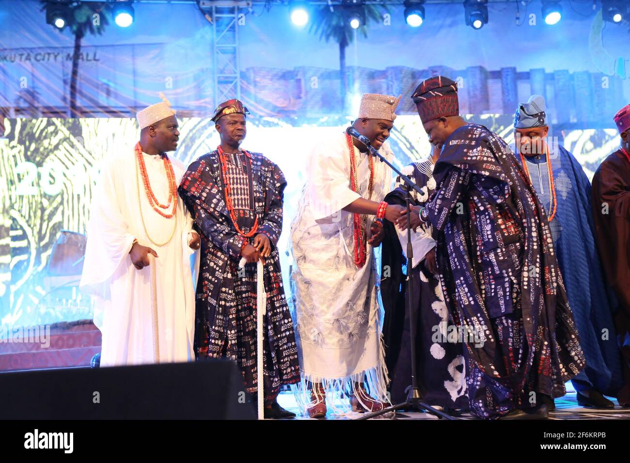 The arrival of Ooni of Ife, Oba Adeyeye Enitan Ogunwusi, Ojaja II to the African Drum Festival, Abeokuta, Ogun State, Southwest, Nigeria. Stock Photo