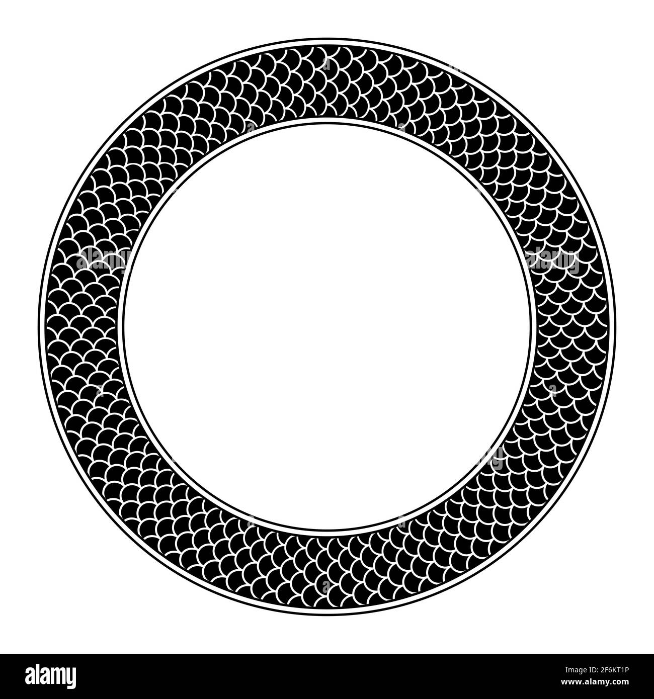 Circle frame with fish scale pattern. Round decorative border, with three rows of overlapping black and cycloid fish scales, framed with lines. Stock Photo
