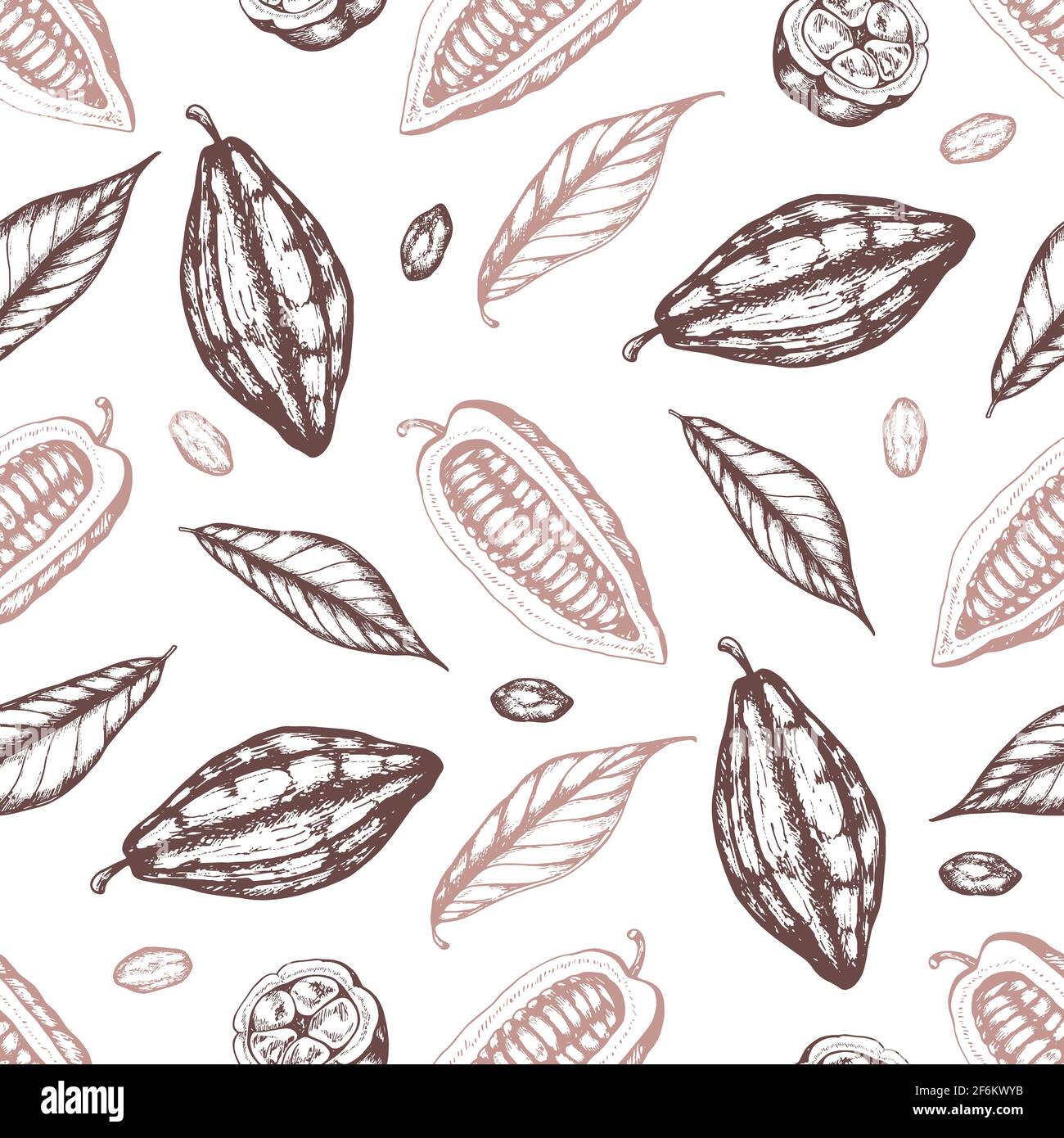 Vintage hand drawn seamless pattern with cocoa beans and leaves on a ...