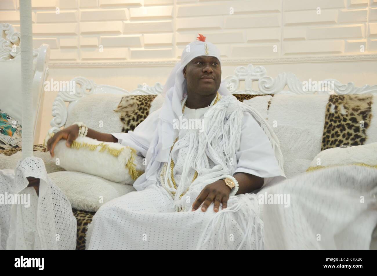 Ooni of Ife, Oba Enitan Adeyeye appear to the public after seven-day seclusion to commune with the ancestors during the Olojo Festival, Osun State. Stock Photo