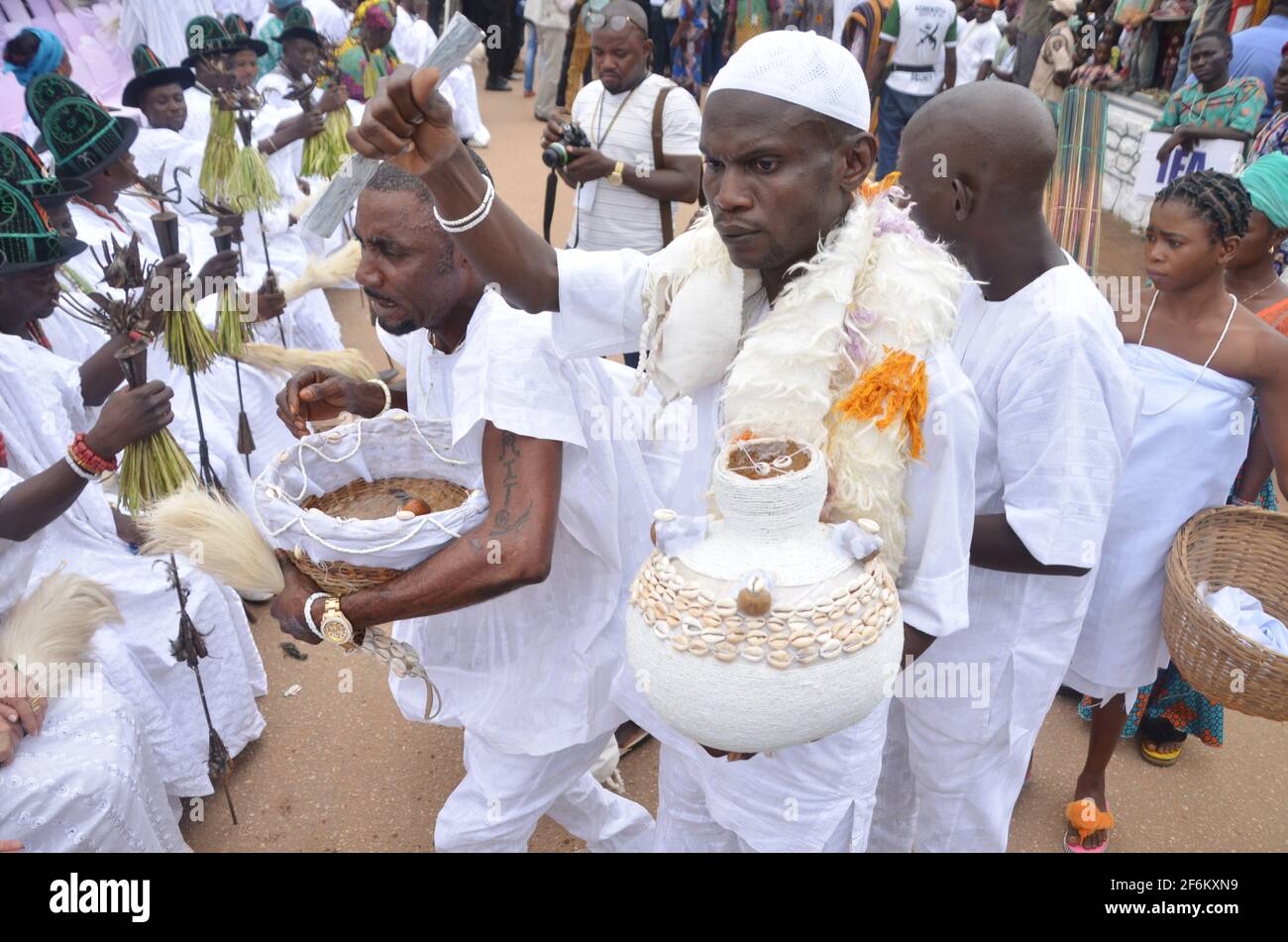 Olokun worshipper praying during the Olojo Festival, Osun State, Nigeria. Stock Photo