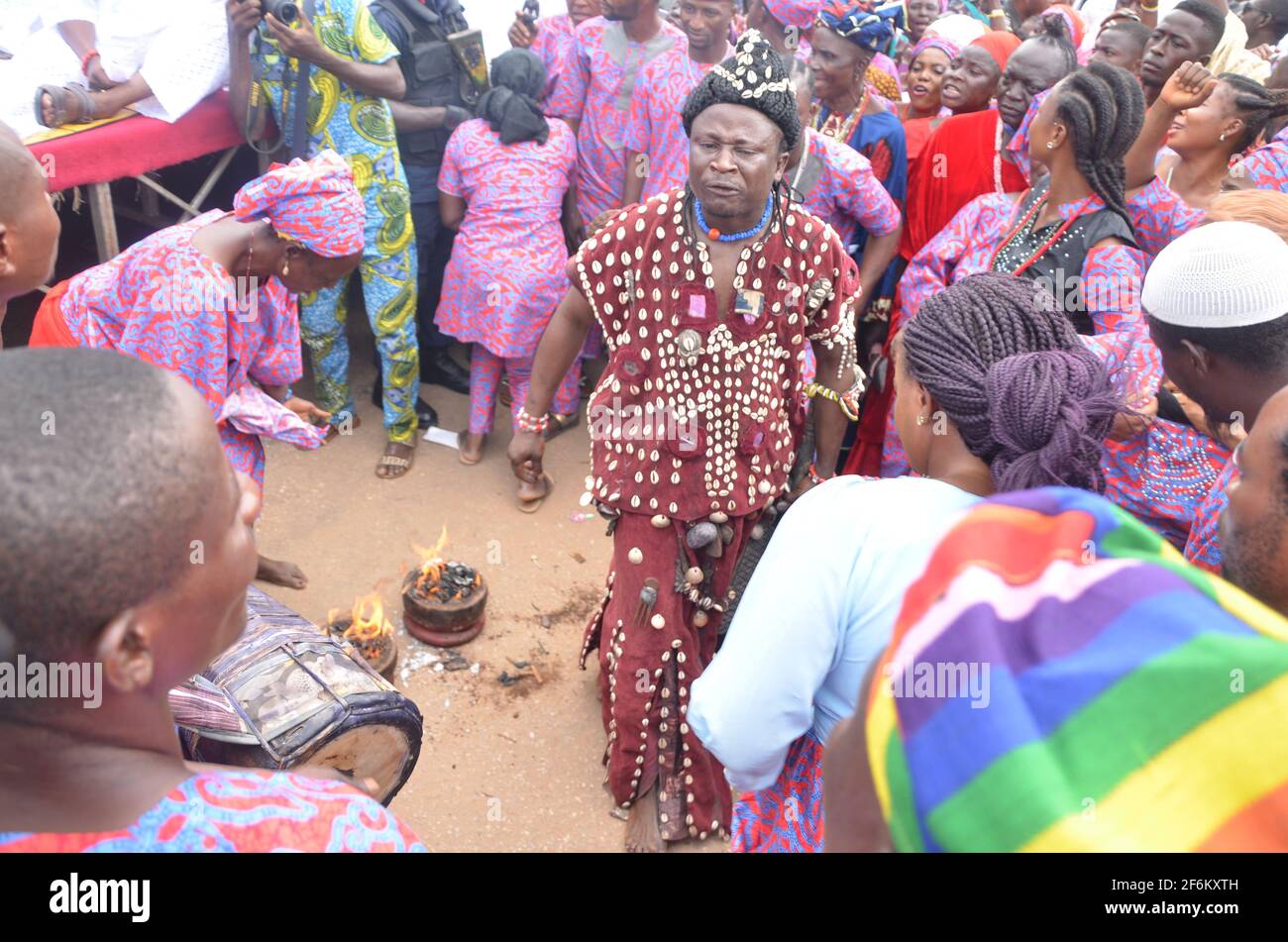 Sango devotee performing during Olojo Festival, Ile-Ife, Osun State, Nigeria. Stock Photo