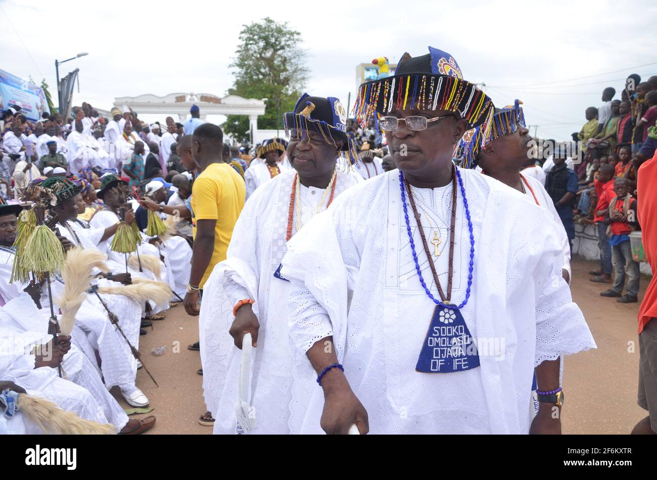 Ooni of Ife chiefs (Sooko) in their traditional costume during the Olojo Festival, Osun State, Nigeria. Stock Photo