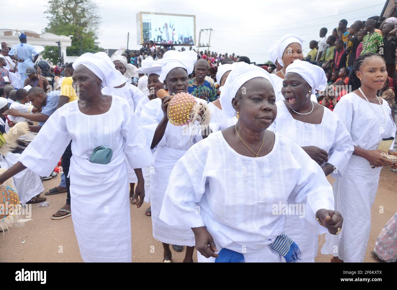 Yoruba people performing during Olojo Festival, Ile-Ife, Osun State, Nigeria. Stock Photo