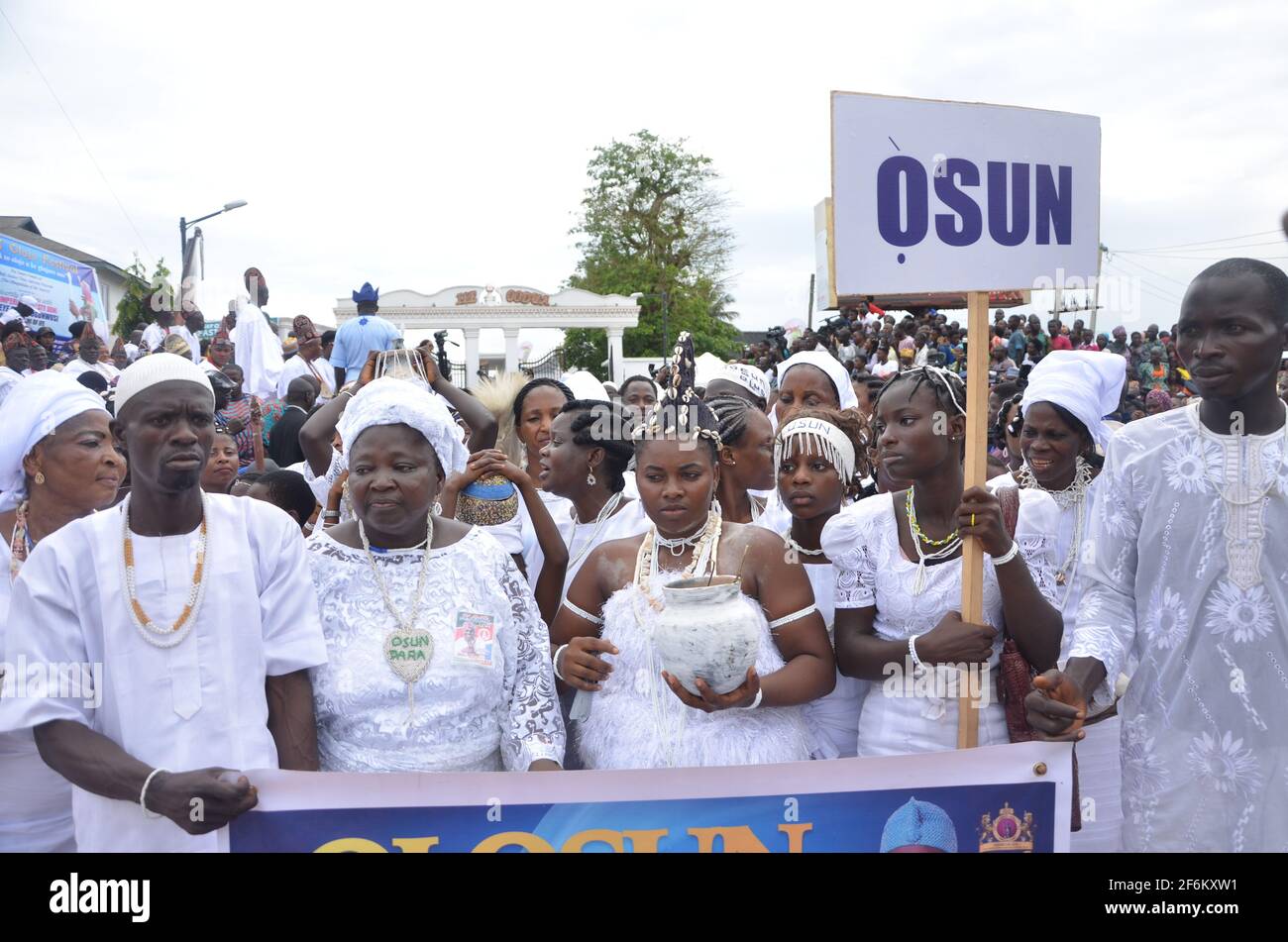 Osun devotees performing during Olojo Festival, Ile-Ife, Osun State, Nigeria. Stock Photo