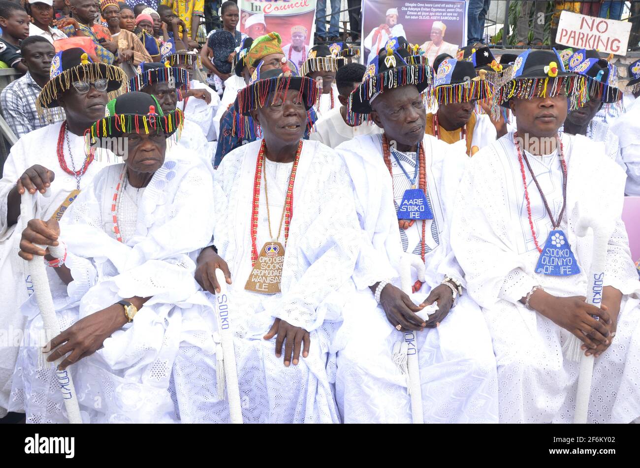 Ooni of Ife chiefs (Sooko) in their traditional costume during the Olojo Festival, Osun State, Nigeria. Stock Photo
