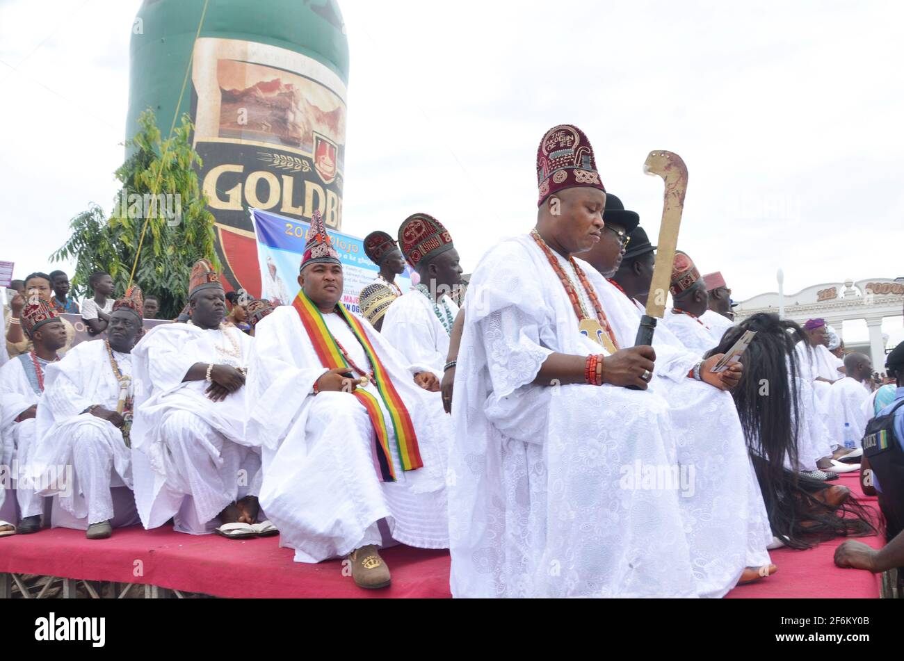 Ooni of Ife chiefs (Sooko) in their traditional costume during the Olojo Festival, Osun State, Nigeria. Stock Photo