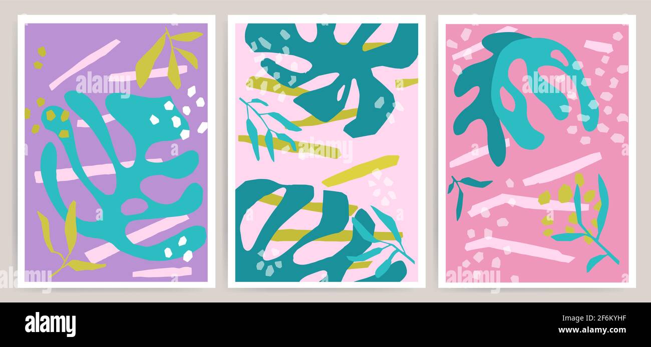 Set of Trendy texture posters with hand drawn floral leaves monstera ...
