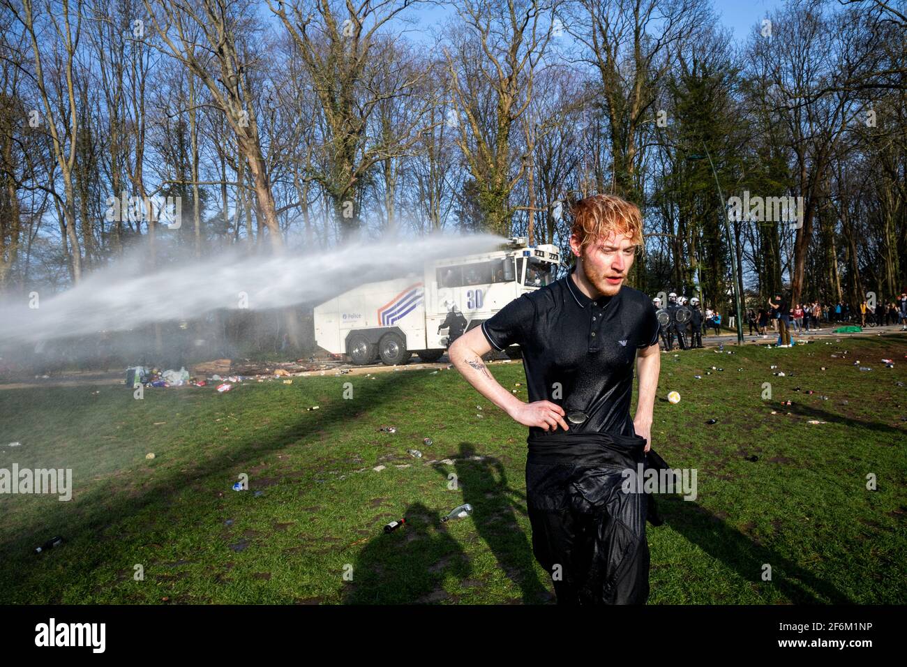 Illustration picture shows a boy with drenched clothes at the Bois de La Cambre - Ter Kamerenbos, in Brussels, Thursday 01 April 2021. The Brussels lo Stock Photo
