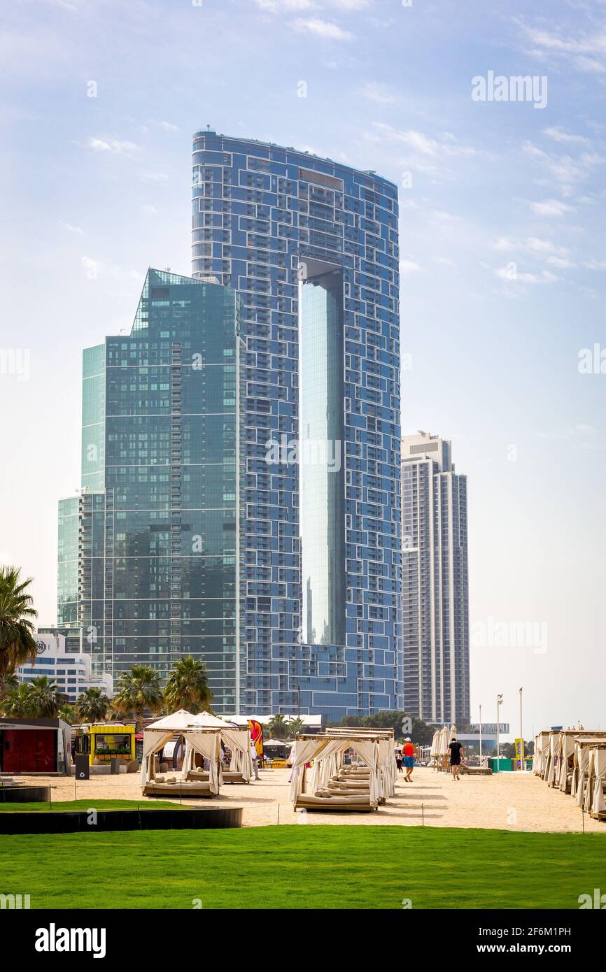 Dubai, United Arab Emirates, 22.02.2021. New luxury The Address Residences Jumeirah Resort and Spa building and Jumeirah Beach. Stock Photo
