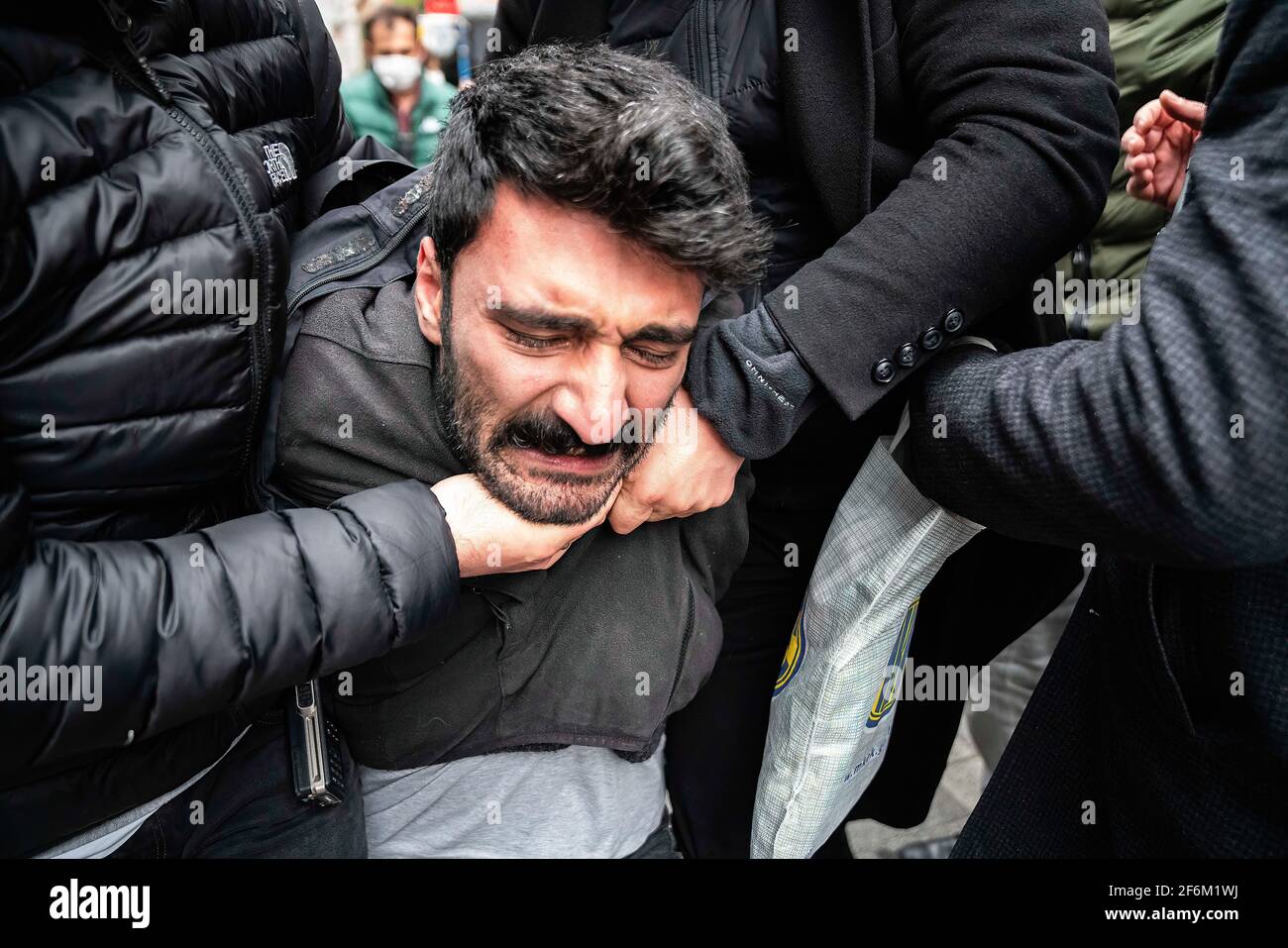 Istanbul, Turkey. 01st Apr, 2021. A protester is being forcefully detained by the police during the demonstration.Tens of Bogazici University students were detained in Istanbul's Kadikoy district as they tried to gather for a protest against the appointment of Melih Bulu, a governing party member, as their rector by the Turkish President Recep Tayyip Erdogan early this year. (Photo by Murat Baykara/SOPA Images/Sipa USA) Credit: Sipa USA/Alamy Live News Stock Photo