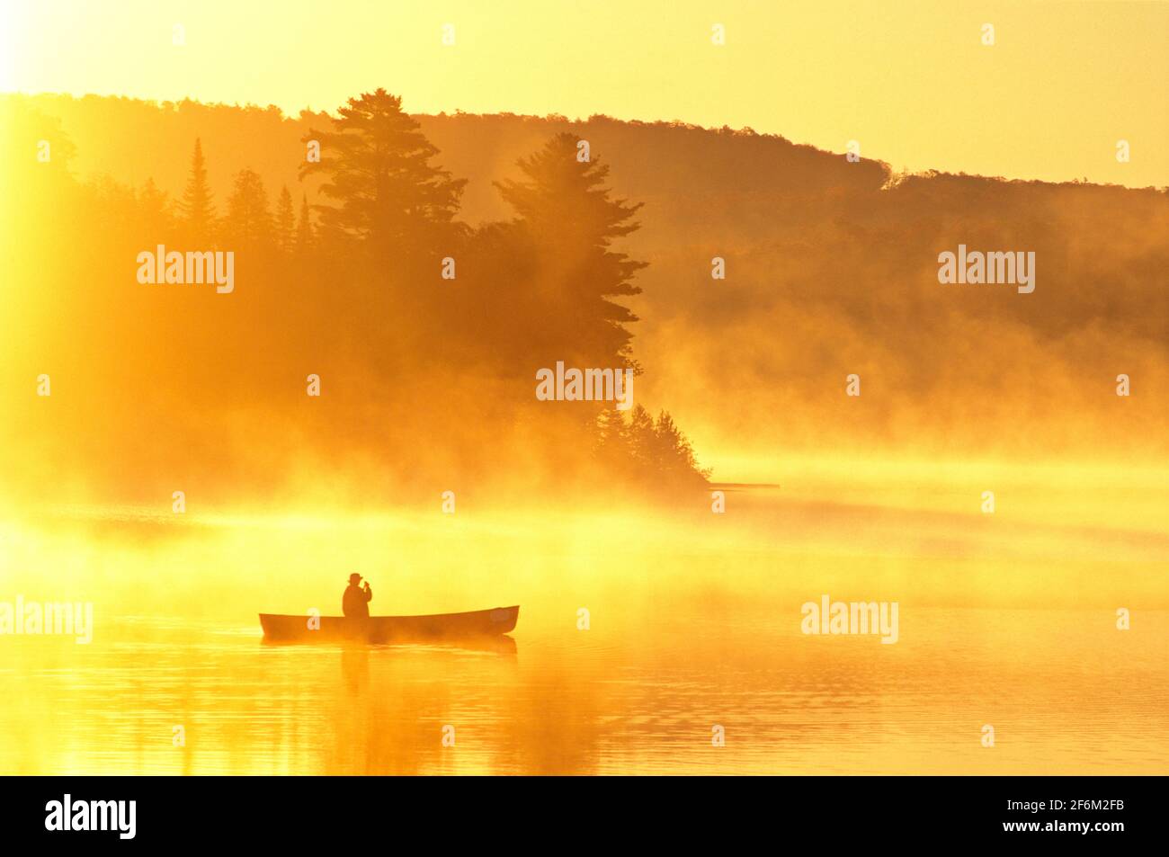 Canada, Ontario, Oxtongue River. Single person in canoe with morning mist rising on water Stock Photo