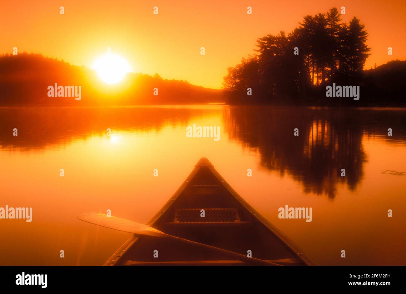 Canada,Ontario, Algonquin Provincial Park, bow of canoe on a lake with morning mist rising Stock Photo