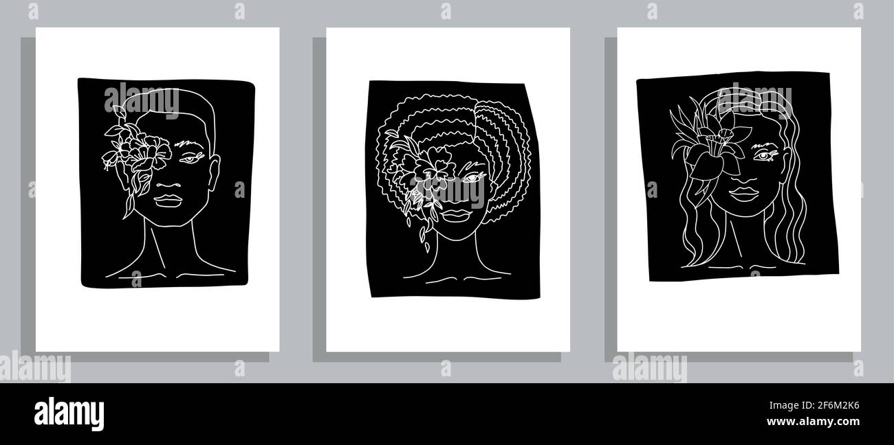Set of abstract girl portraits with flowers in line style black and