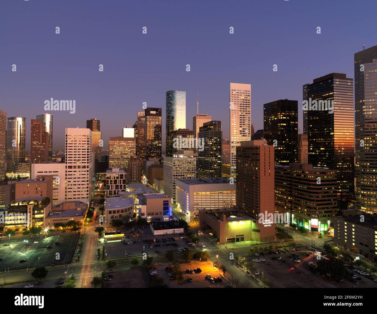 USA,Texas, Houston, Houston skyline illuminated at dawn Stock Photo