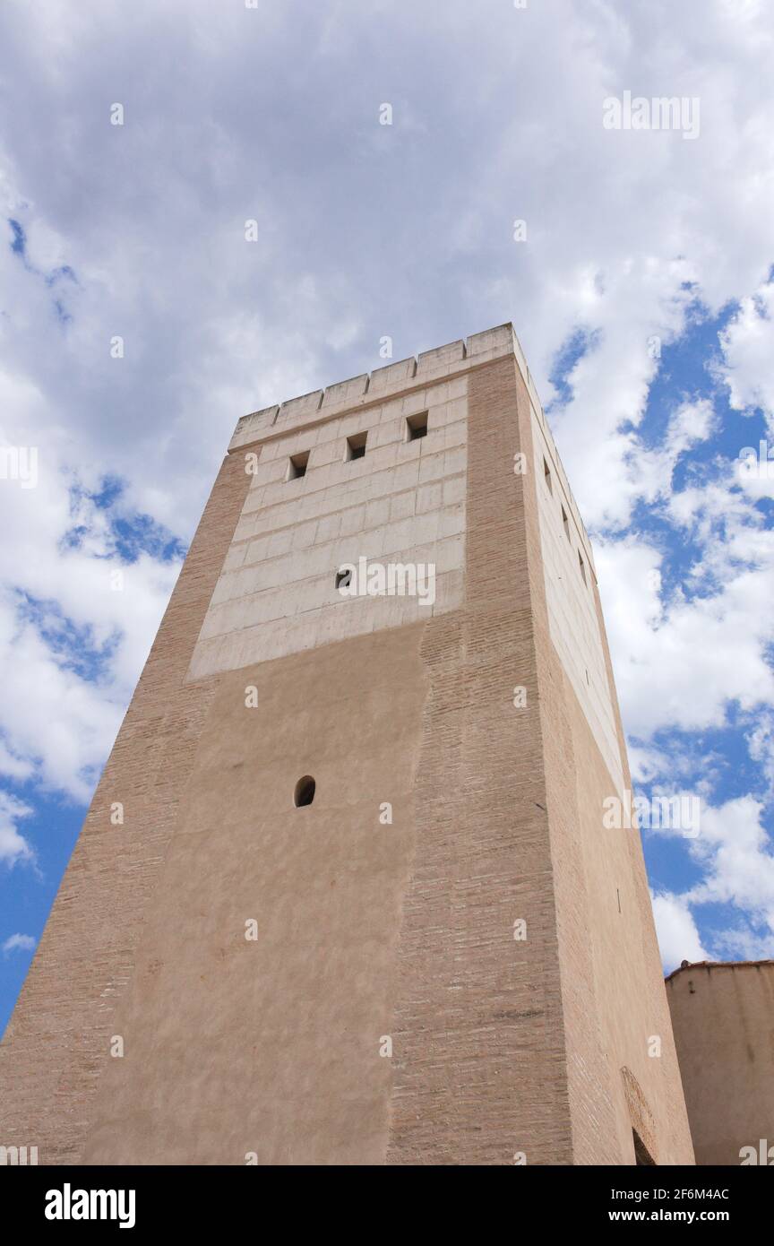 View from the ground of the Torre de los Borgia, part of the castle of the family of Pope Calixto III, of the city of Canals, Valencia, (Spain) Stock Photo