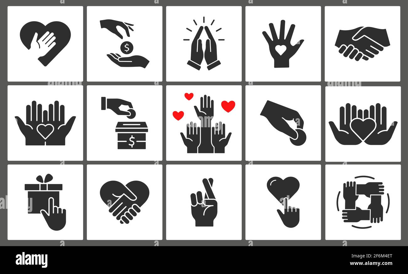 Charity icon set. Collection of donate, volunteer, help, hope and more ...