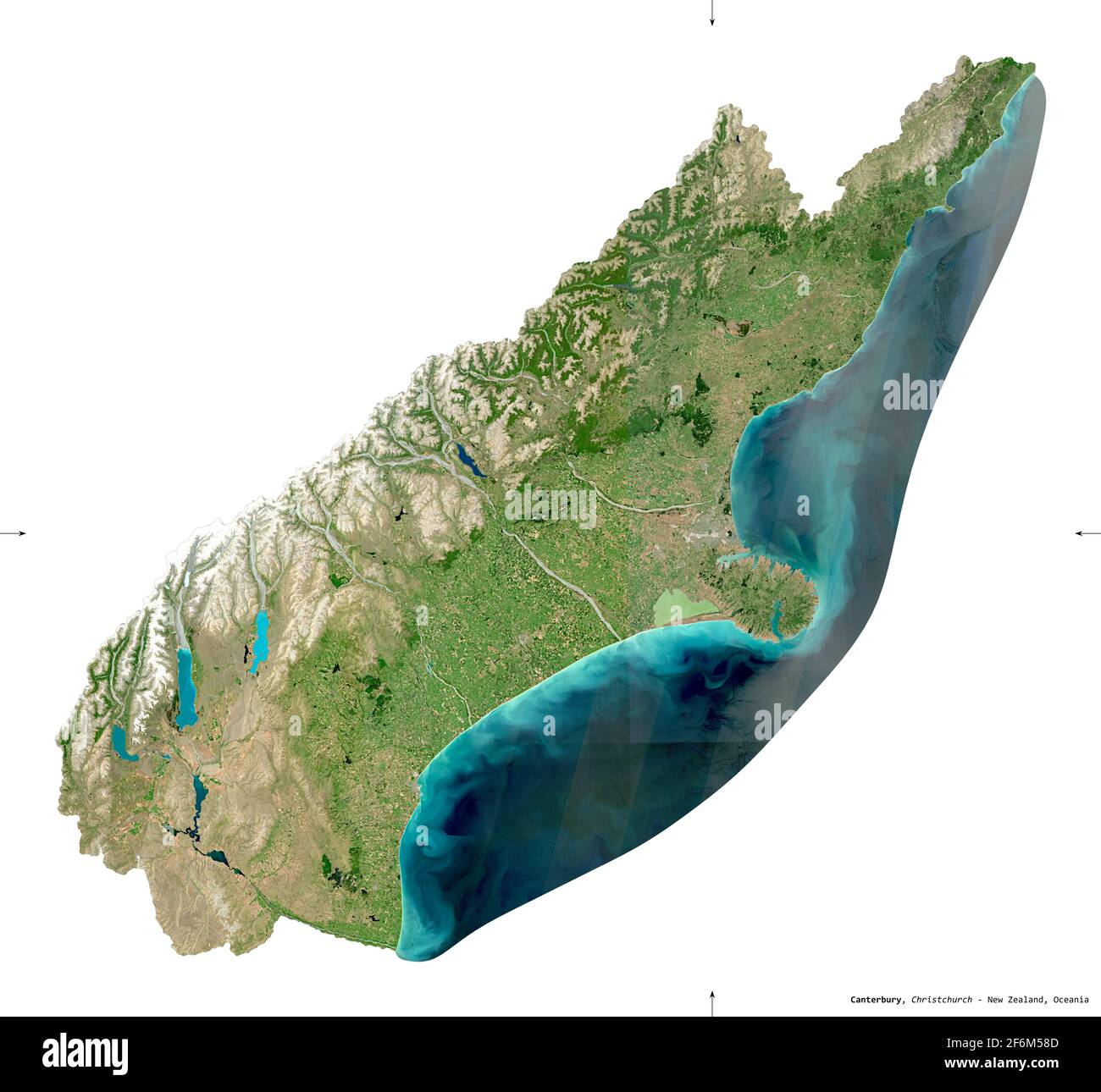 Canterbury, regional council of New Zealand. Sentinel-2 satellite imagery. Shape isolated on white. Description, location of the capital. Contains mod Stock Photo