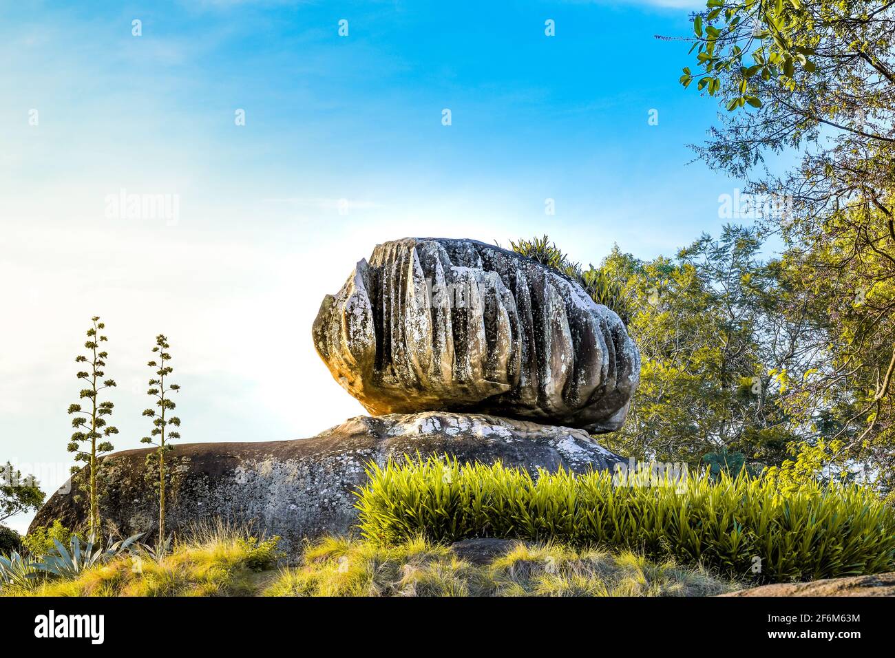 Beautiful view of Parque da Pedra da Cebola, Vitoria State, Espirito Santo State. Curious stone similar a onion. Blue sky. Stock Photo