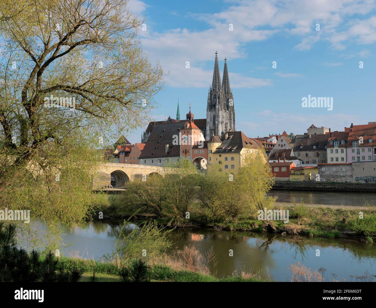 Blick über die Donau auf  Regensburg mit Dom St. Peter, Steinerne Brücke, Regensburg, Oberpfalz, Bayern, Deutschland, Europa | View over the river Dan Stock Photo