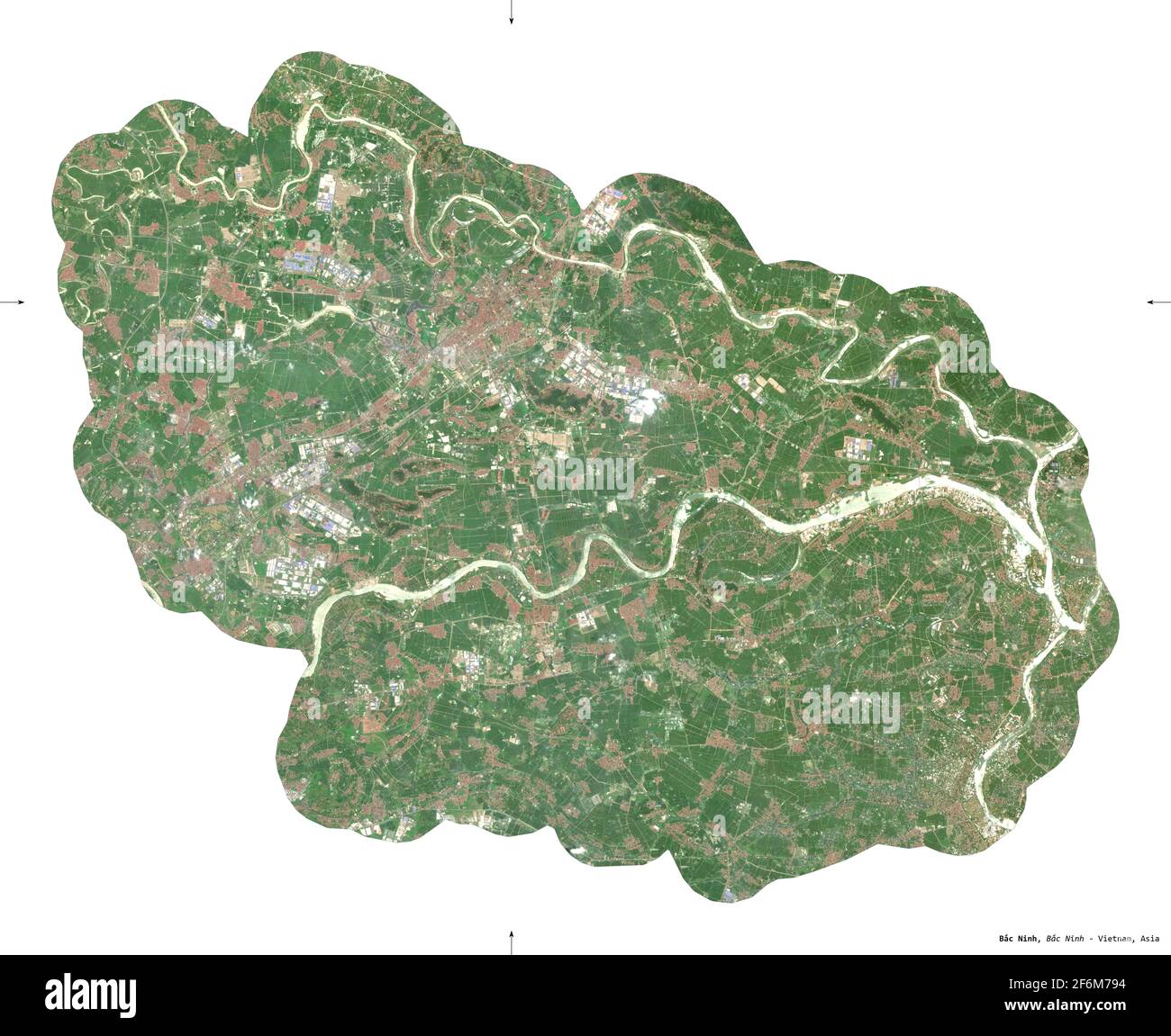 Bac Ninh, province of Vietnam. Sentinel-2 satellite imagery. Shape isolated on white. Description, location of the capital. Contains modified Copernic Stock Photo
