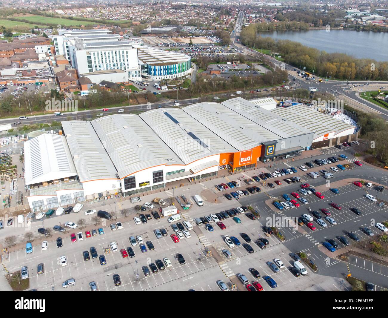 Sutton in Ashfield Mansfield Nottingham B and Q superstore aerial view of diy mega store shop and carpark in Nottinghamshire viewed from above looking Stock Photo