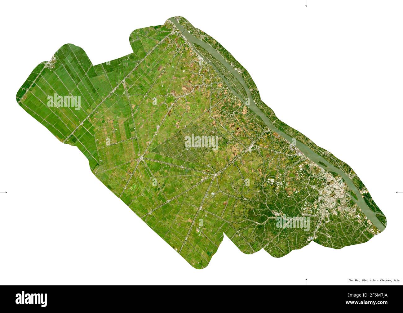 Can Tho, city|municipality|thanh pho of Vietnam. Sentinel-2 satellite imagery. Shape isolated on white. Description, location of the capital. Contains Stock Photo