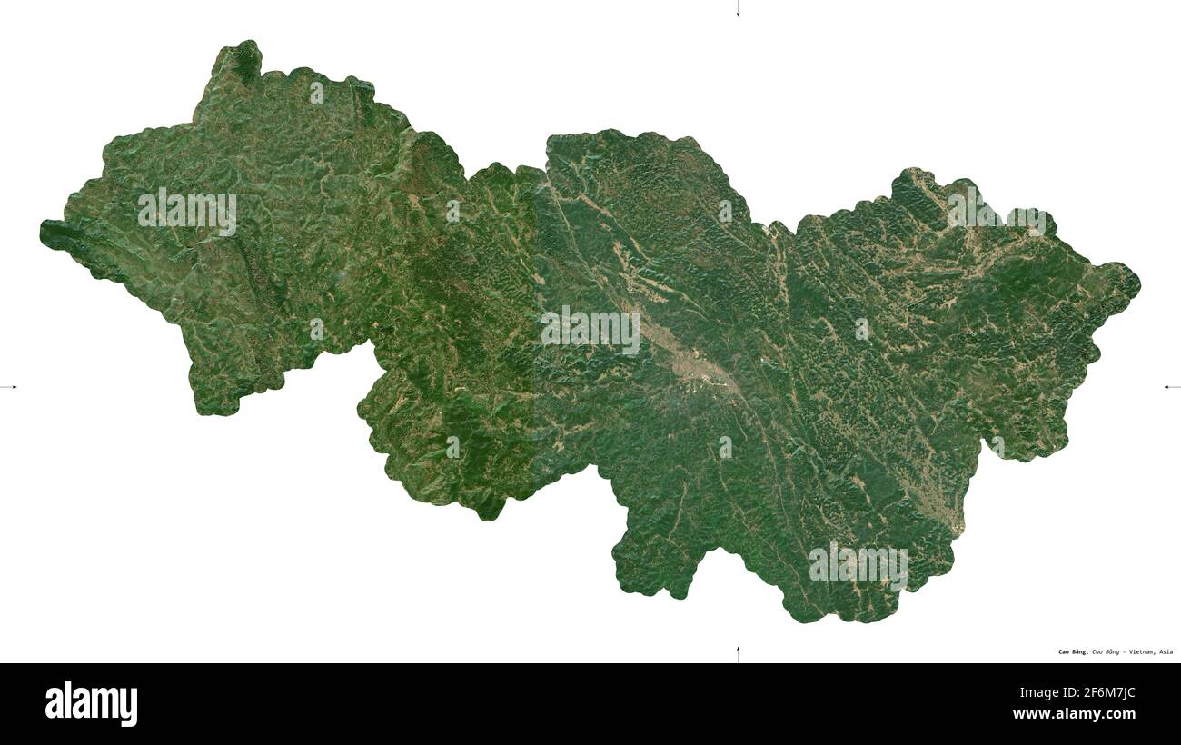 Cao Bang, province of Vietnam. Sentinel-2 satellite imagery. Shape isolated on white. Description, location of the capital. Contains modified Copernic Stock Photo