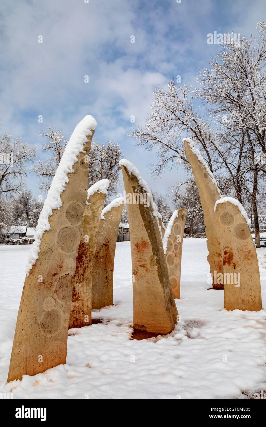 Wheat Ridge, Colorado - A public art installation, 'Sweet Grass Dance' by Nancy Lovendahl, in Anderson Park. The sculpture represents oversized sweet Stock Photo