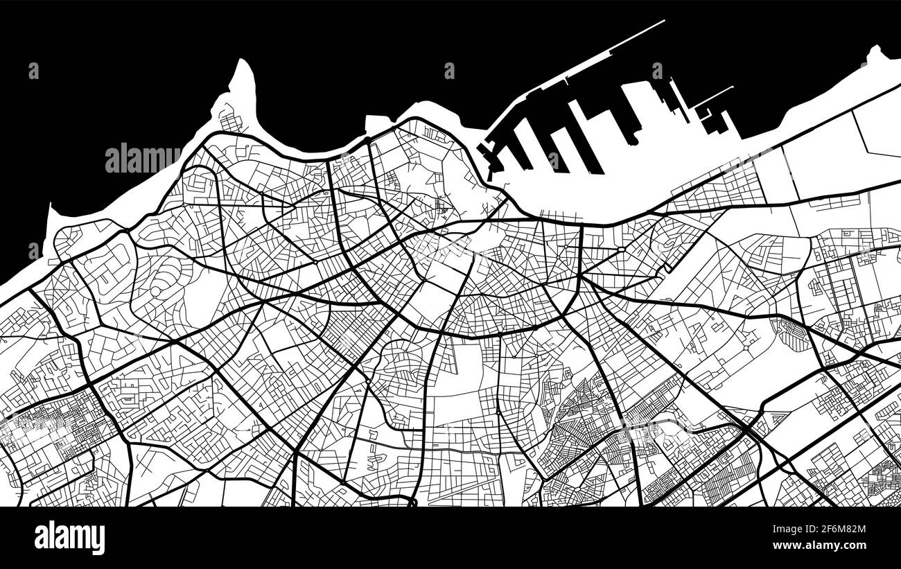 Black and white vector background map, Casablanca city area streets and water cartography illustration. Widescreen proportion, digital flat design str Stock Vector