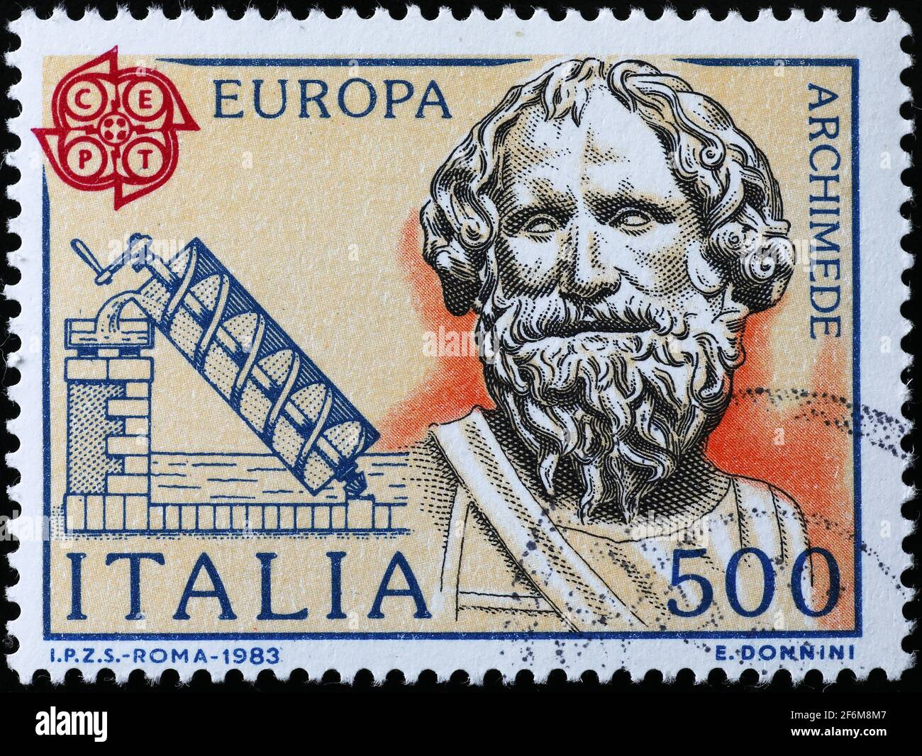 Archimedes of Syracuse portrait on italian postage stamp Stock Photo