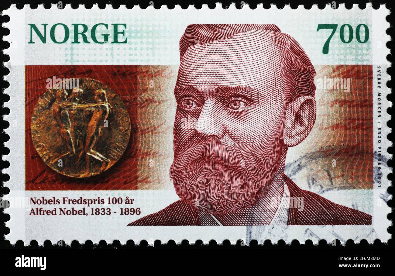 Alfred Nobel on norwegian postage stamp Stock Photo