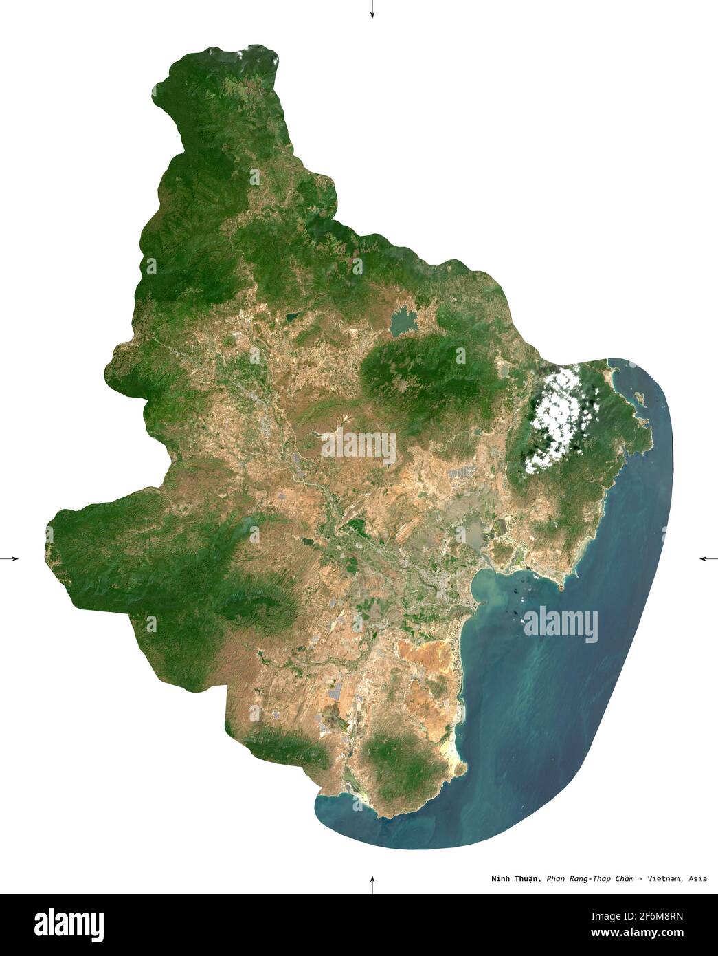 Ninh Thuan, province of Vietnam. Sentinel-2 satellite imagery. Shape isolated on white. Description, location of the capital. Contains modified Copern Stock Photo