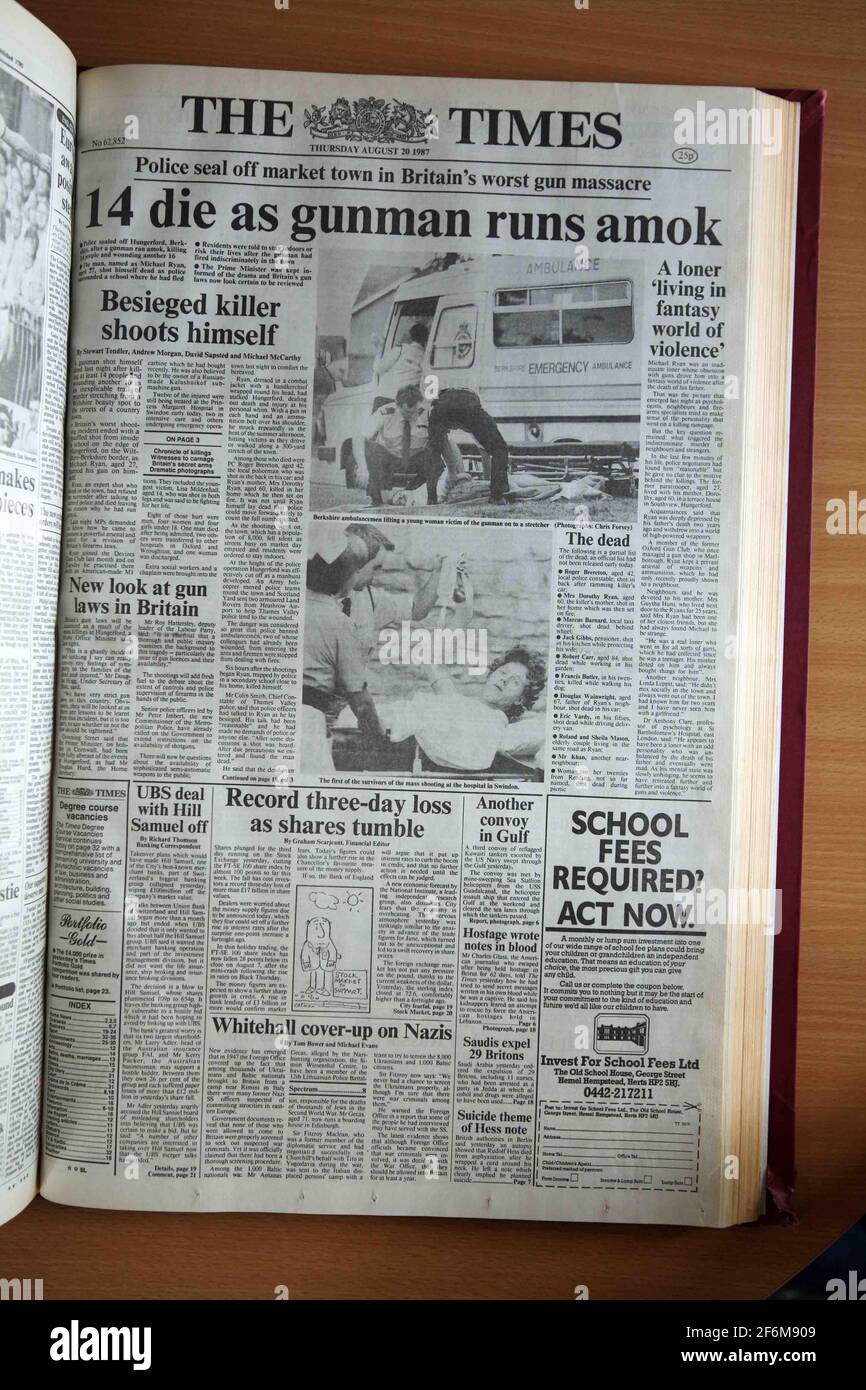 Hungerford Massacre Front And Inside Pages Of The Newspapers August 1987 Copy Pic David Sandison Stock Photo Alamy