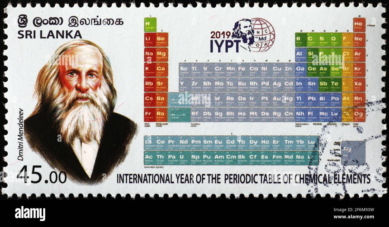 Dmitri Mendeleev and his periodic table of elements on stamp Stock Photo