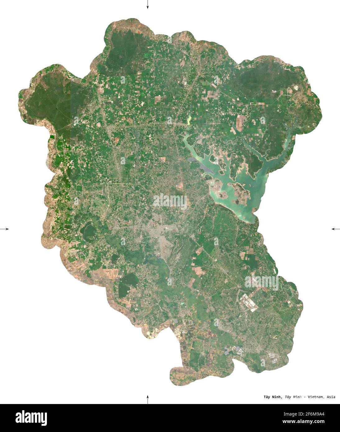 Tay Ninh, province of Vietnam. Sentinel-2 satellite imagery. Shape isolated on white. Description, location of the capital. Contains modified Copernic Stock Photo