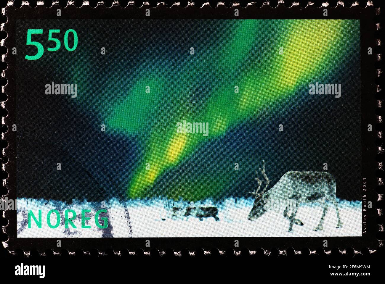 Polar lights and reindeers on norwegian postage stamp Stock Photo