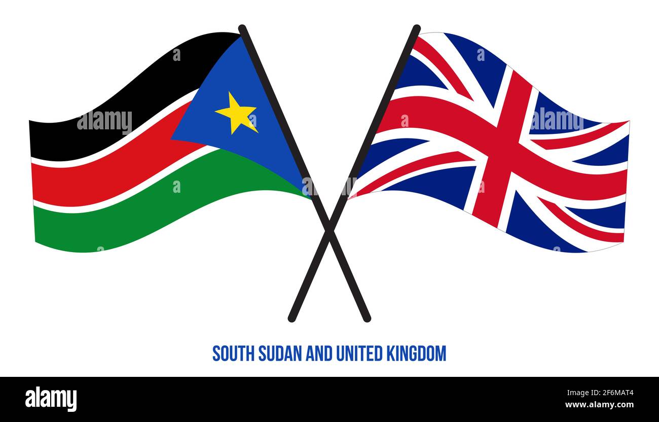 South Sudan and United Kingdom Flags Crossed And Waving Flat Style ...
