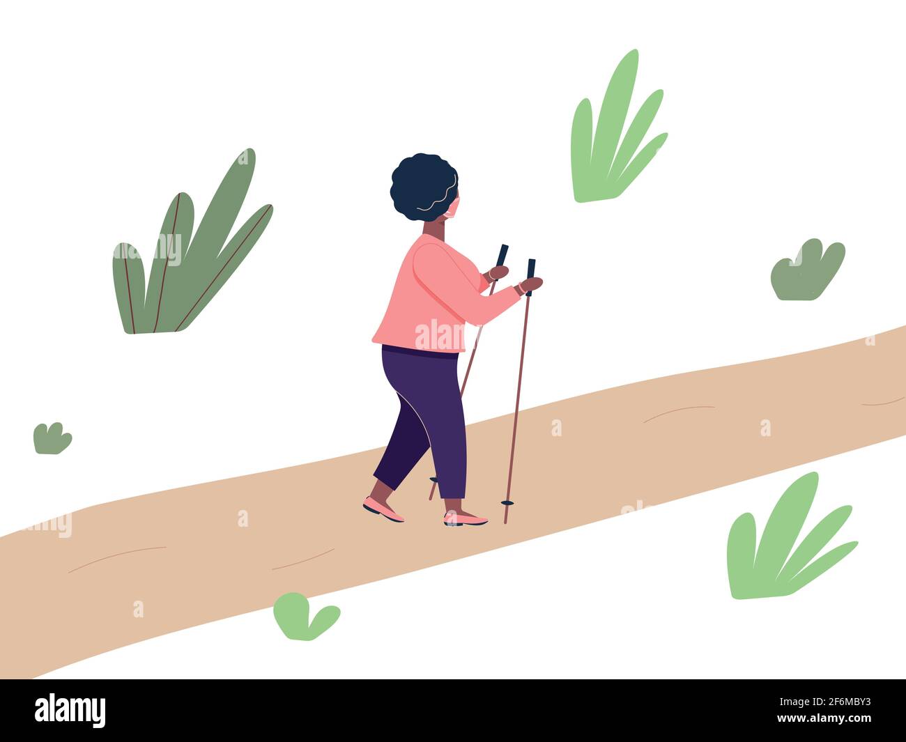 Elderly african woman is engaged in Nordic walking with sticks on path in the park. Old plump fashionable black woman walk on foot Stock Vector