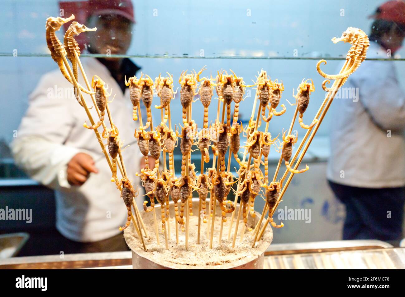 China Beijing Scorpions and seahorses at Donghuamen Night Market, located in the northern end of Wangfujing. Stock Photo